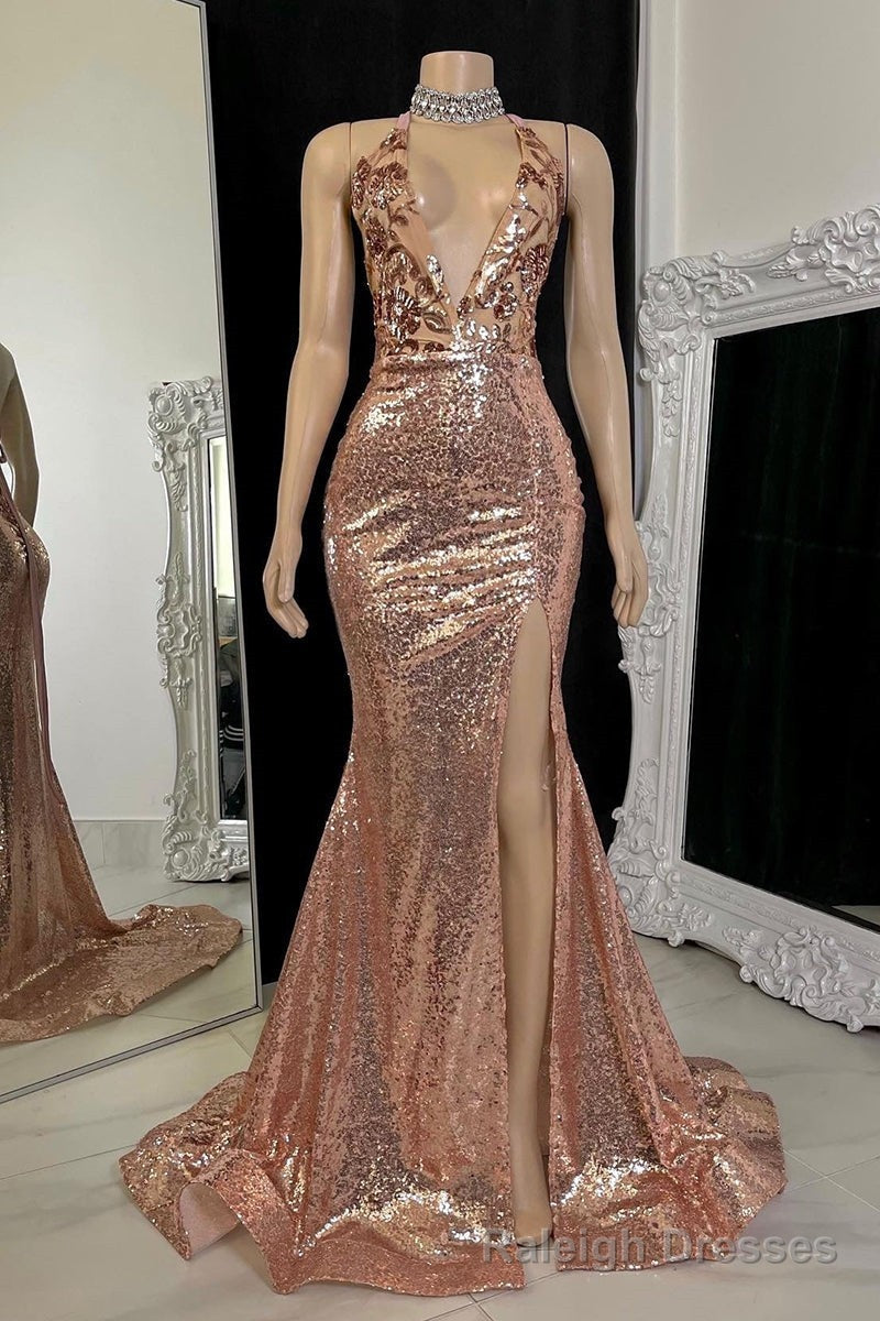 Stunning V-Neck Sleeveless Prom Dresses Mermaid Sequins With Split Main image
