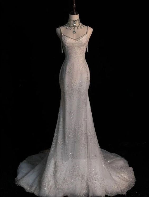 Stunning White Backless Mermaid Shiny Prom Gowns Wedding Dresses Secondary image