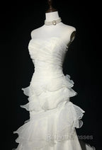 Stunning White Strapless Mermaid Organza Long Prom Dress Simple Wedding Dress