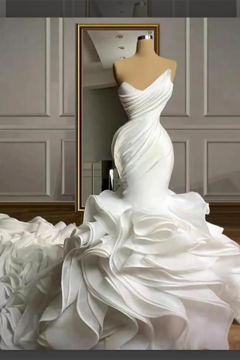 Stunning White Strapless Ruffles Long Train Mermaid Wedding Dresses Main image