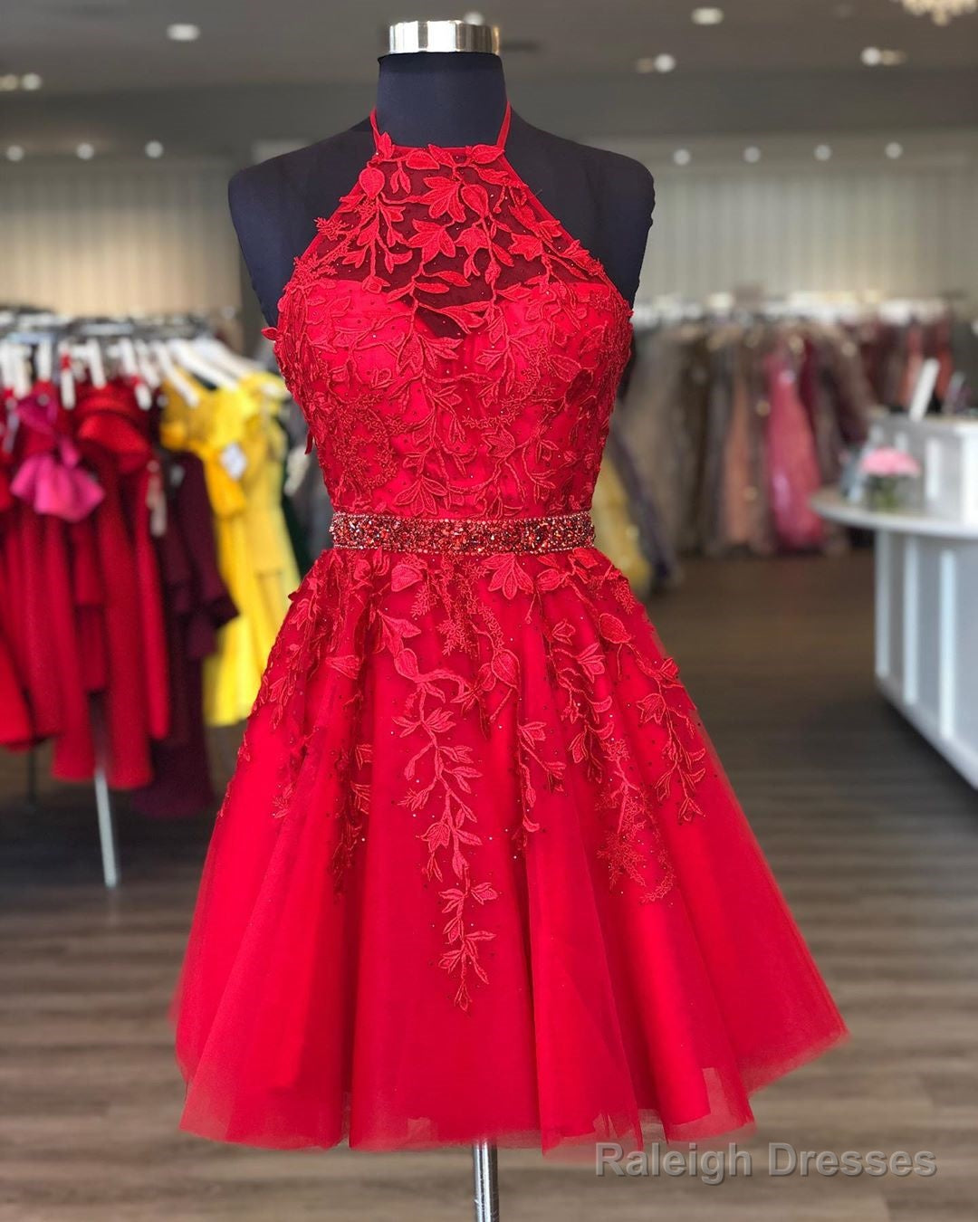 Stylish A Line Halter Red Short Homecoming Dress With Appliques