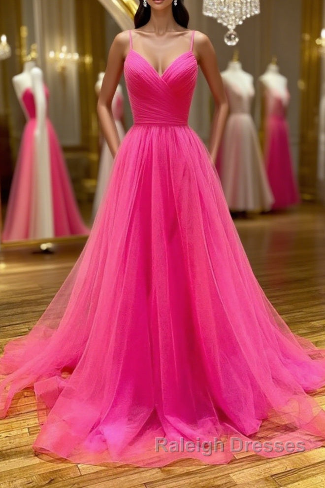 Stylish A Line V Neck Backless Hot Pink Long Prom Dress, Backless Hot Pink Formal Graduation Evening Dress Main image