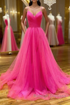 Stylish A Line V Neck Backless Hot Pink Long Prom Dress, Backless Hot Pink Formal Graduation Evening Dress