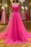 Stylish A Line V Neck Backless Hot Pink Long Prom Dress, Backless Hot Pink Formal Graduation Evening Dress