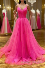 Stylish A Line V Neck Backless Hot Pink Long Prom Dress, Backless Hot Pink Formal Graduation Evening Dress