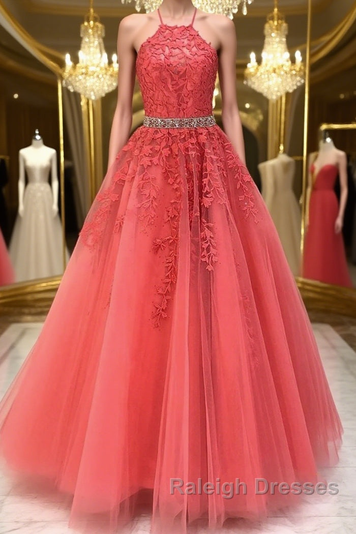 Stylish Backless Coral Lace Long Prom Dress, Coral Lace Formal Graduation Evening Dress