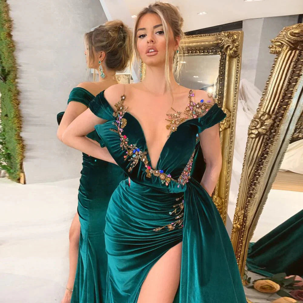 Green Luxury Gorgeous Fashion Beaded Decoration Deep V Neck Long Slit Floor Length Evening Gown Ball Gown Secondary image
