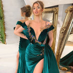 Green Luxury Gorgeous Fashion Beaded Decoration Deep V Neck Long Slit Floor Length Evening Gown Ball Gown