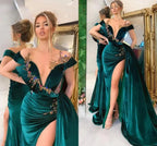 Green Luxury Gorgeous Fashion Beaded Decoration Deep V Neck Long Slit Floor Length Evening Gown Ball Gown