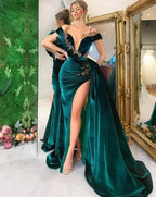 Green Luxury Gorgeous Fashion Beaded Decoration Deep V Neck Long Slit Floor Length Evening Gown Ball Gown