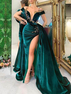 Green Luxury Gorgeous Fashion Beaded Decoration Deep V Neck Long Slit Floor Length Evening Gown Ball Gown