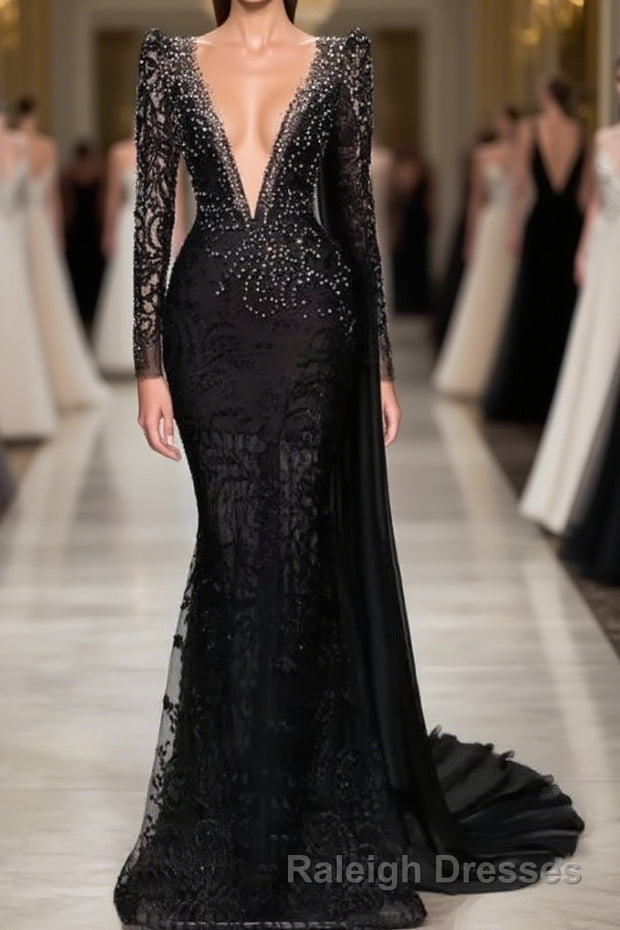 Stylish Black A Line Mermaid Prom Dresses Deep V Neck Beadings Long Sleeves Prom Dresses Main image