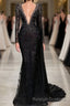 Stylish Black A Line Mermaid Prom Dresses Deep V Neck Beadings Long Sleeves Prom Dresses