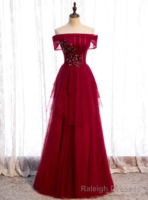 Stylish Burgundy Tulle Off the Shoulder Appliques Beading Prom Dress