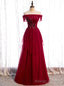 Stylish Burgundy Tulle Off the Shoulder Appliques Beading Prom Dress