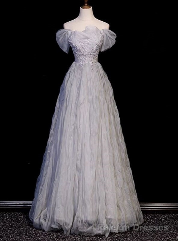 Stylish Gray Tulle Off the Shoulder Pleats Beading Prom Dress Main image