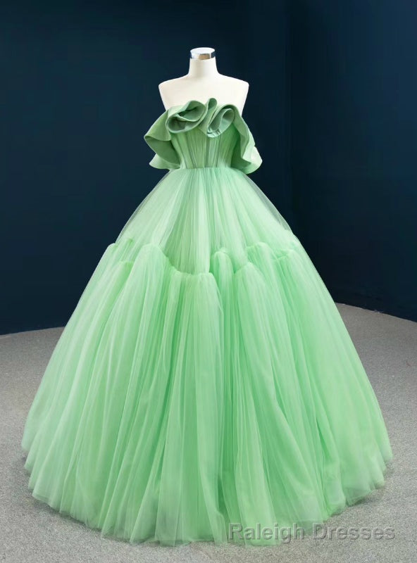 Stylish Green Ball Gown Tulle Strapless Pleats Long Prom Dress Main image