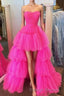 Stylish High Low Strapless Fuchsia Prom Dress with Ruffles