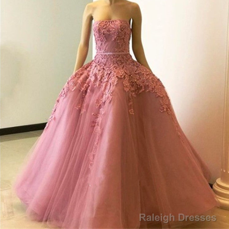 Stylish Lace Embroidery Strapless Tulle Ball Gown Prom Dress