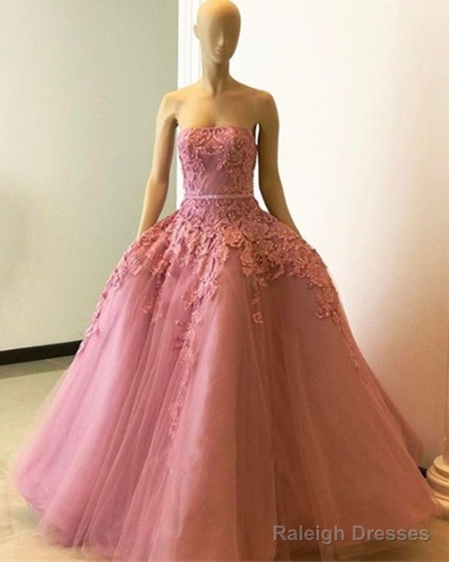 Stylish Lace Embroidery Strapless Tulle Ball Gowns Prom Dresses