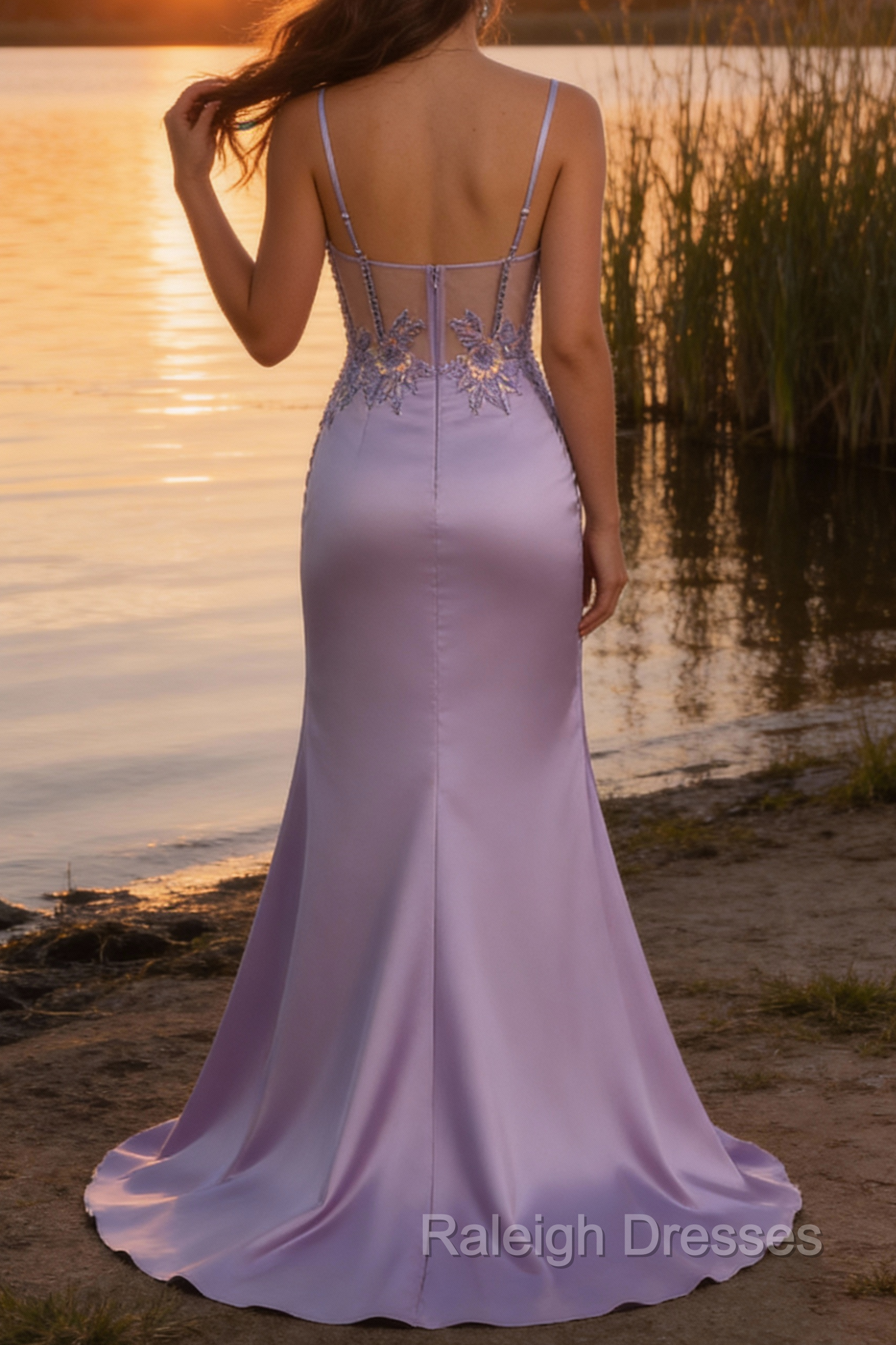 Stylish Lilac Mermaid Pleated Sequin Corset Prom Dresses Long With Slit Main image
