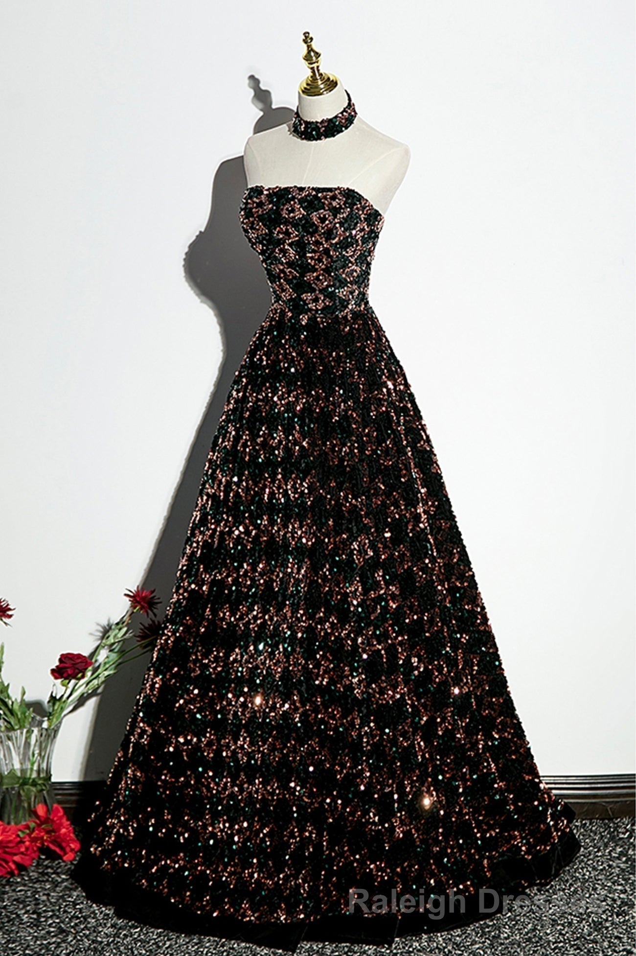 Stylish Sequins Long A Line Prom Dress, Shiny Strapless Prom Dress Main image