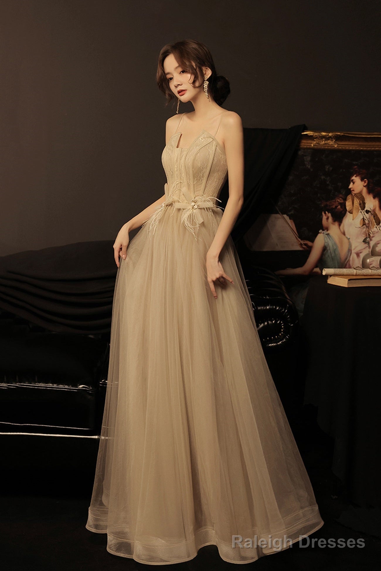 Stylish Tulle Long A-Line Prom Dress, Champagne Strapless Evening Party Dress