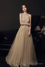 Stylish Tulle Long A-Line Prom Dress, Champagne Strapless Evening Party Dress