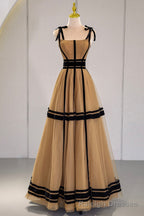 Stylish Tulle Long A Line Prom Dress, Unique Spaghetti Strap Prom Dress