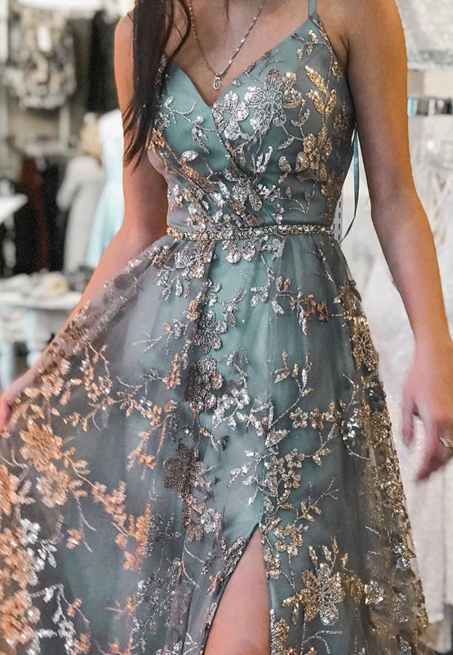 Stylish Tulle Sequins Long Prom Dress A-Line Prom Graduation Dress