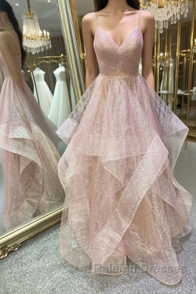 Stylish V Neck Backless Rose Gold Long Prom Dress, Backless Rose Gold Formal Dress, Fluffy Rose Gold Evening Dress Main image