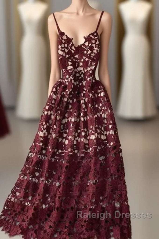 Stylish V Neck Lace Dresses A-Line Prom Dresses Long Prom Dresses