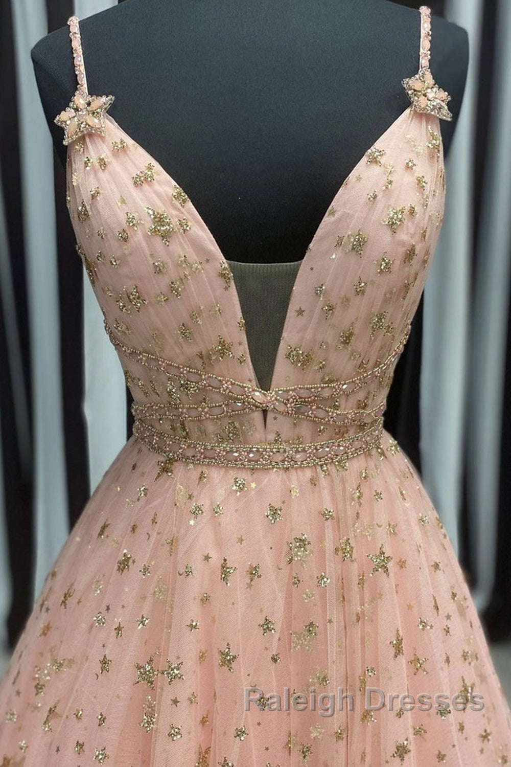Stylish V Neck Pink Long Prom Dress with Stars Sequins, Long Pink Formal Evening Dress Secondary image
