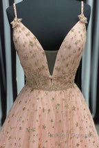 Stylish V Neck Pink Long Prom Dress with Stars Sequins, Long Pink Formal Evening Dress