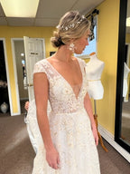 Stylish V Neck Tulle Applique Long Prom Dresses