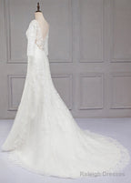 Sweep Train V-Neck 3/4 Sleeves Lace Wedding Dress