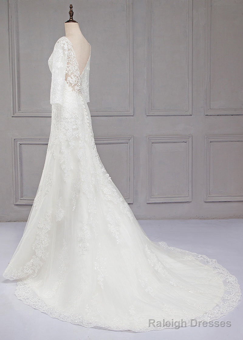 Sweep Train V-Neck 3/4 Sleeves Lace Wedding Dress