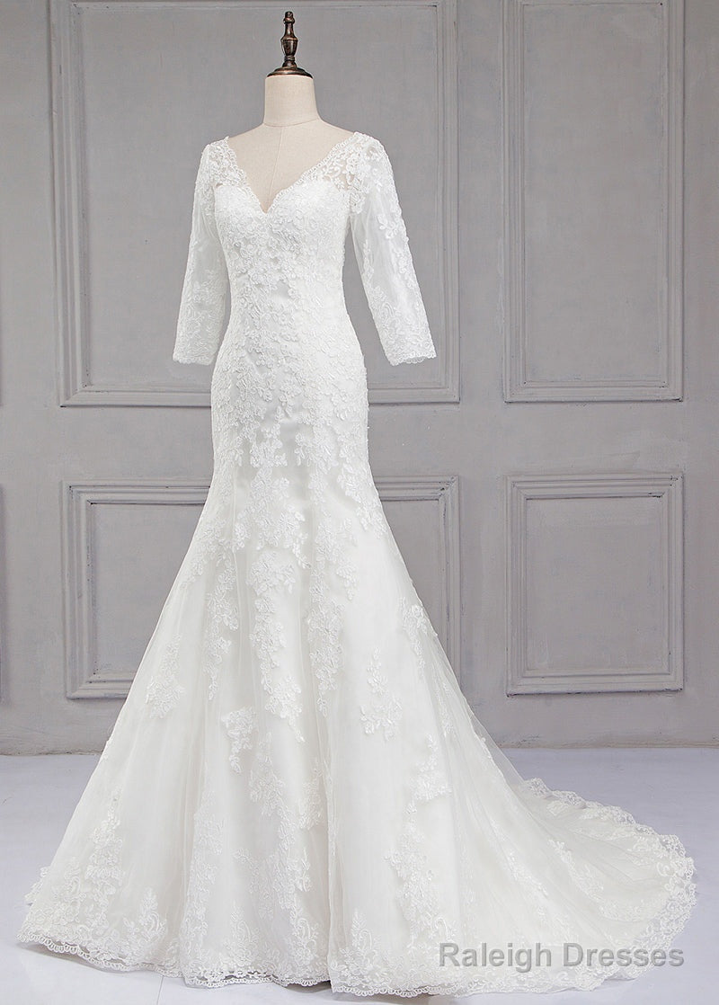 Sweep Train V-Neck 3/4 Sleeves Lace Wedding Dresses