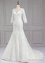 Sweep Train V-Neck 3/4 Sleeves Lace Wedding Dresses