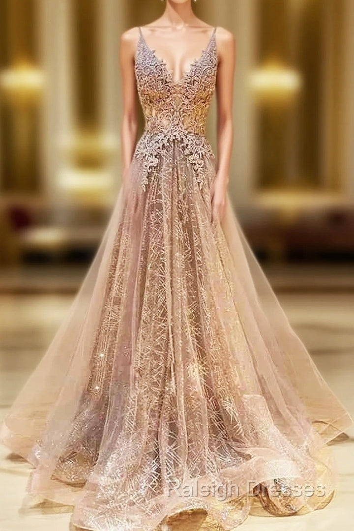 Sweep Train V Neck Lace Tulle Yarn Princess Prom Dress With Glitter Main image