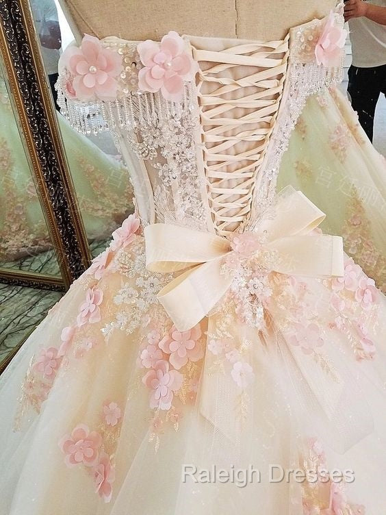 Sweet 16 Dresses Pink Lace Floral Prom Dresses Ball Gown Off The Shoulder Elegant Beaded Luxury Prom Gown