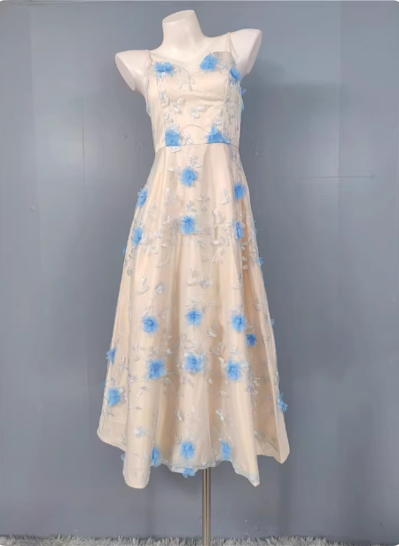 Sweet A-Line 3D Floral Embroidery Tulle Long Formal Prom Dress