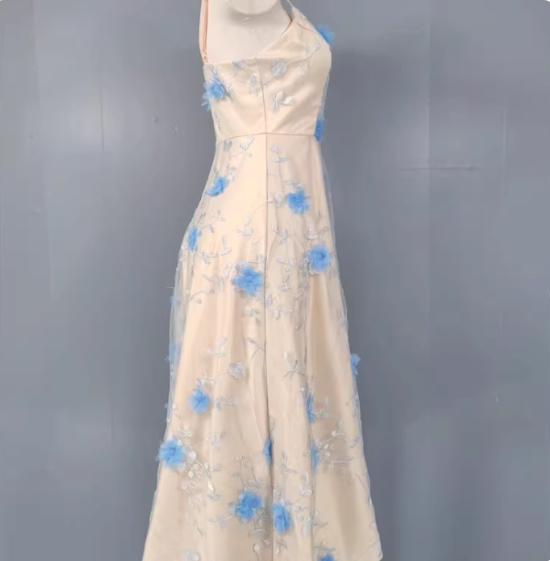 Sweet A-Line 3D Floral Embroidery Tulle Long Formal Prom Dress
