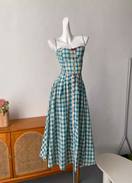 Sweet A-Line Blue Plaid Spaghetti Strap Long Formal Prom Dress