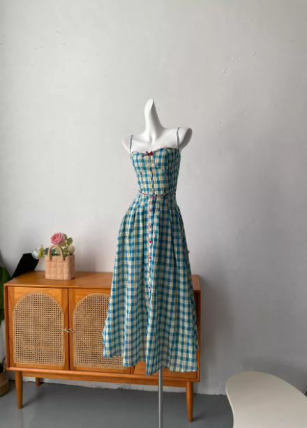 Sweet A-Line Blue Plaid Spaghetti Strap Long Formal Prom Dress Main image