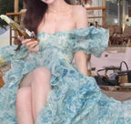 Sweet A-Line Off-Shoulder Organza Print Prom Dresses Long Birthday Adult Ceremony Dresses