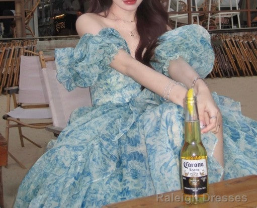 Sweet A-Line Off-Shoulder Organza Print Prom Dresses Long Birthday Adult Ceremony Dresses