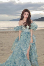 Sweet A-Line Off-Shoulder Organza Print Prom Dresses Long Birthday Adult Ceremony Dresses