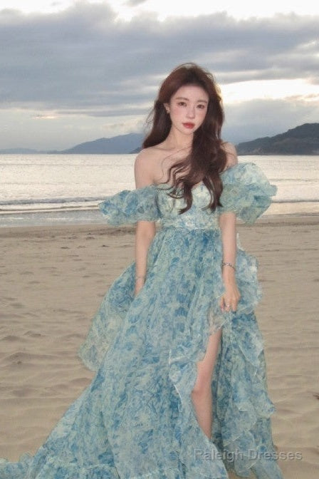 Sweet A-Line Off-Shoulder Organza Print Prom Dresses Long Birthday Adult Ceremony Dresses