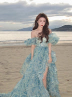 Sweet A-Line Off-Shoulder Organza Print Prom Dresses Long Birthday Adult Ceremony Dresses